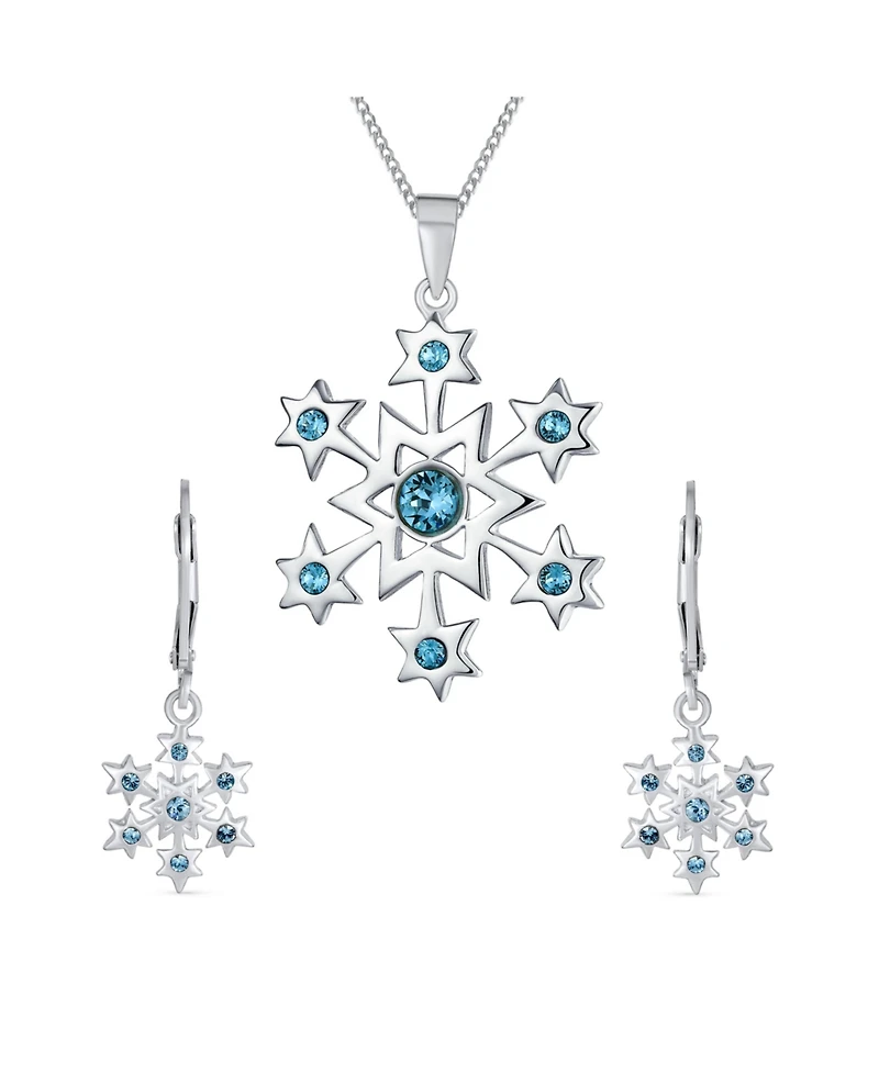 Bling Jewelry Blue Holiday Party Jewelry Set Cz Snowflake Earrings & Necklace Brooch Pin