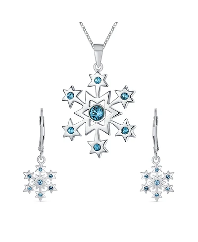 Bling Jewelry Blue Holiday Party Jewelry Set Cz Snowflake Earrings & Necklace Brooch Pin