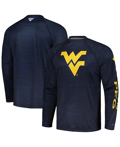 Men's Columbia Navy West Virginia Mountaineers Pfg Terminal Tackle Omni-Shade Raglan Long Sleeve T-shirt