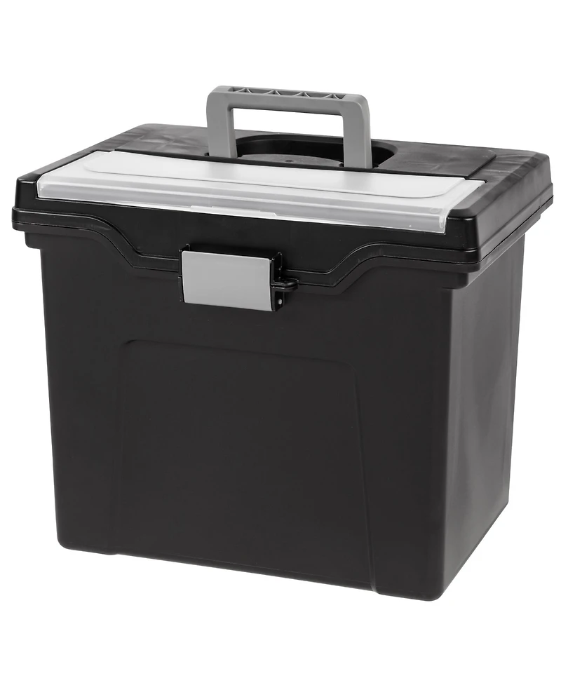 Iris Portable Letter Size File Box with Built-In Organizer Lid and Handle for Hanging Folders, Large, Black