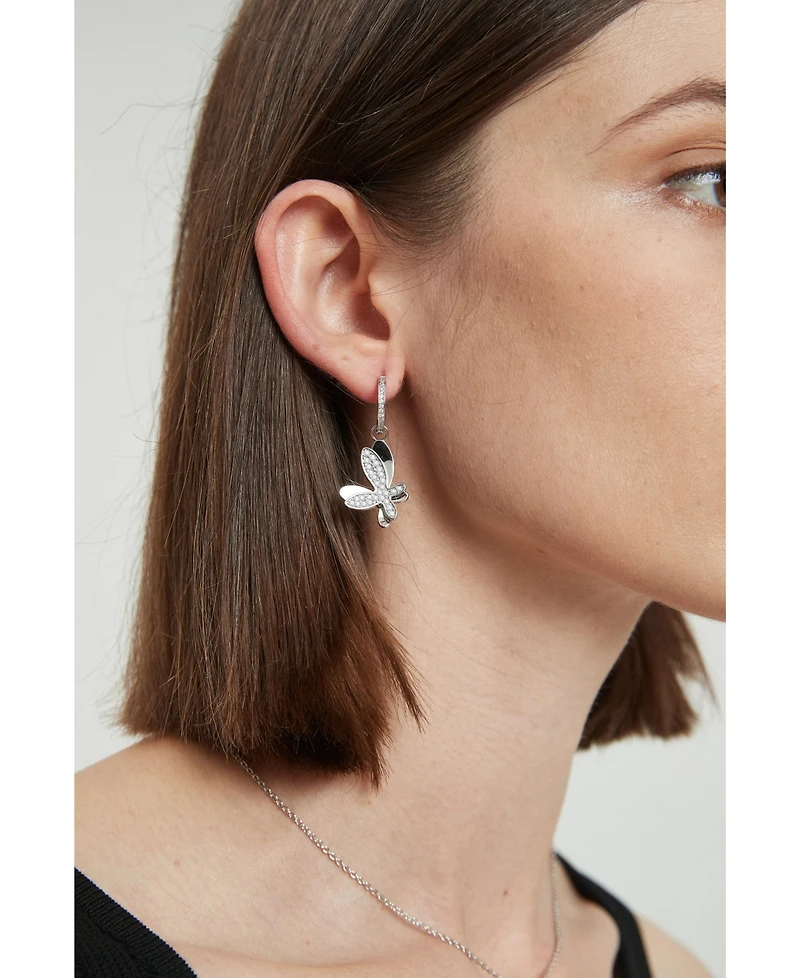 Pave Butterfly Dangle Drop Hoop Earrings