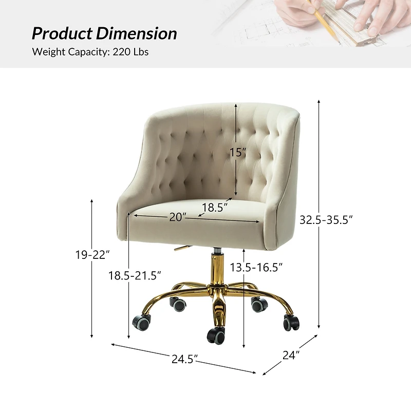 Hulala Home Modern Cute Velvet Desk Chair with Gold Base for Living Room,Bedroom