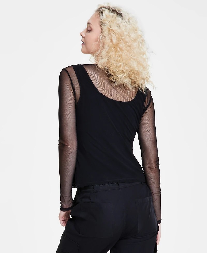 Dkny Jeans Women's Long-Sleeve Crewneck Mesh Top - Blk