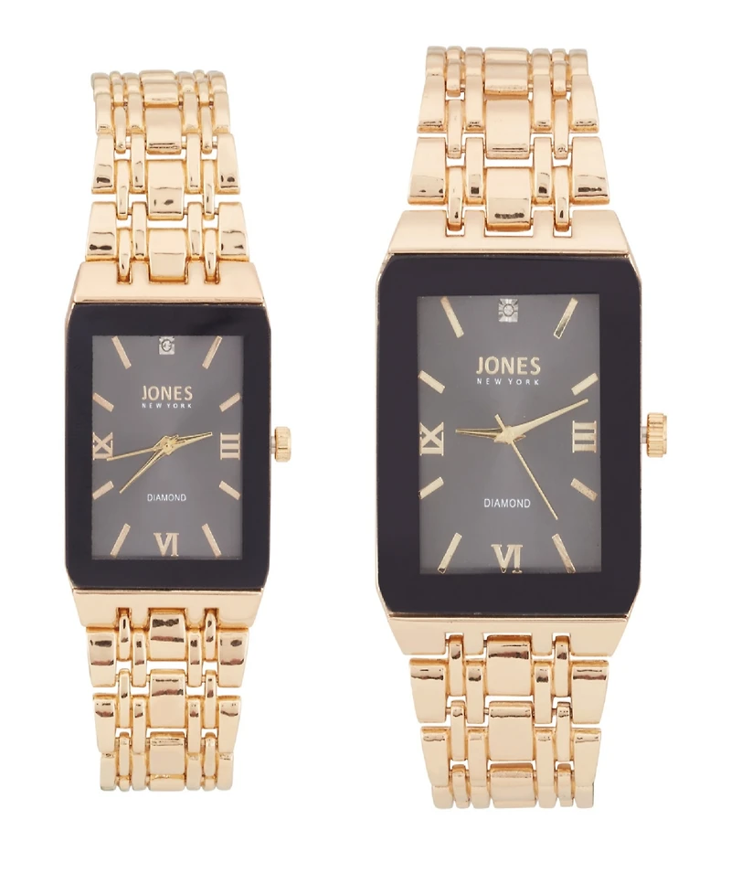 Jones New York Men and Women's Analog Shiny Gold-Tone Metal Bracelet His Hers Watch 40mm, 32mm Gift Set