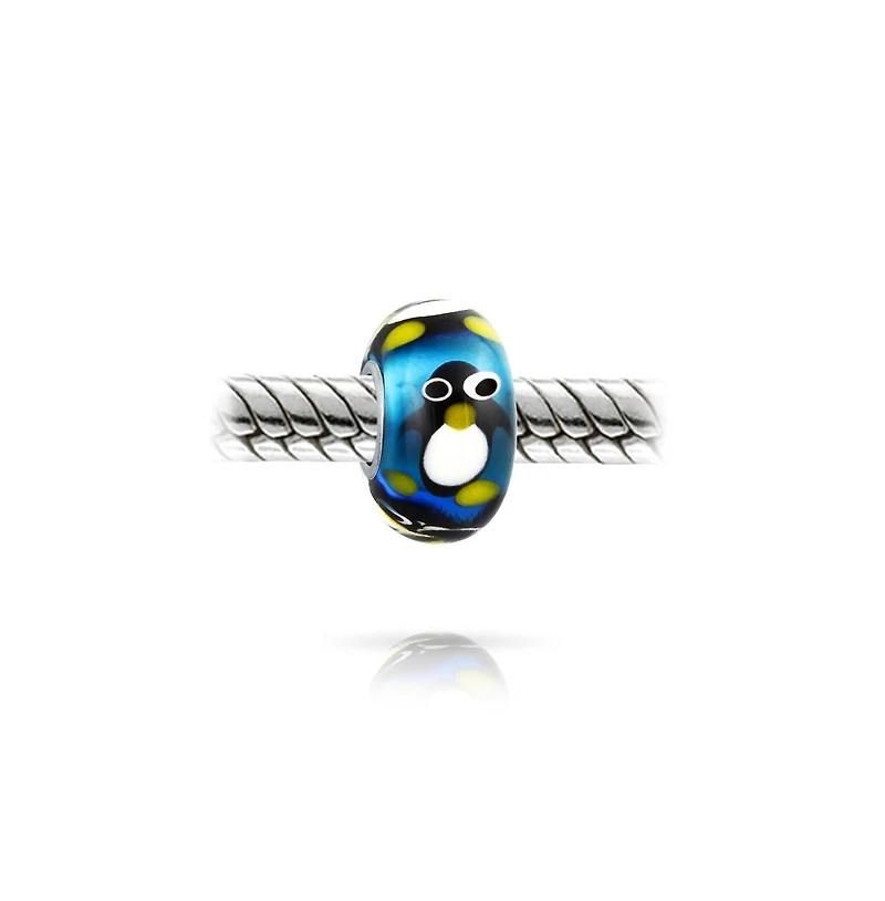 Bling Jewelry Christmas Holiday Cartoon Animal Blue Penguin Charm Bead Fits European Charm Bracelet For Murano Glass Sterling Silver Core Spacer