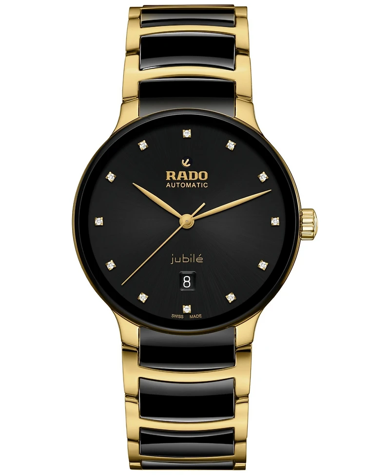 Rado Unisex Swiss Automatic Centrix Diamond (1/10 ct. t.w.) Black Ceramic & Gold Pvd Stainless Steel Bracelet Watch 40mm