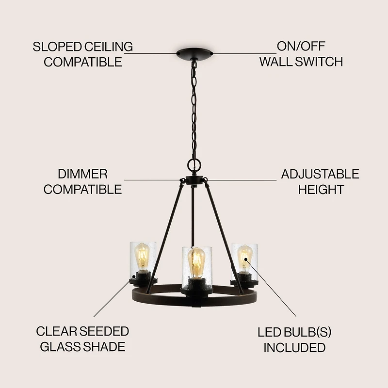 Coronet 3-Light Iron/Seeded Glass Rustic Farmhouse Led Chandelier