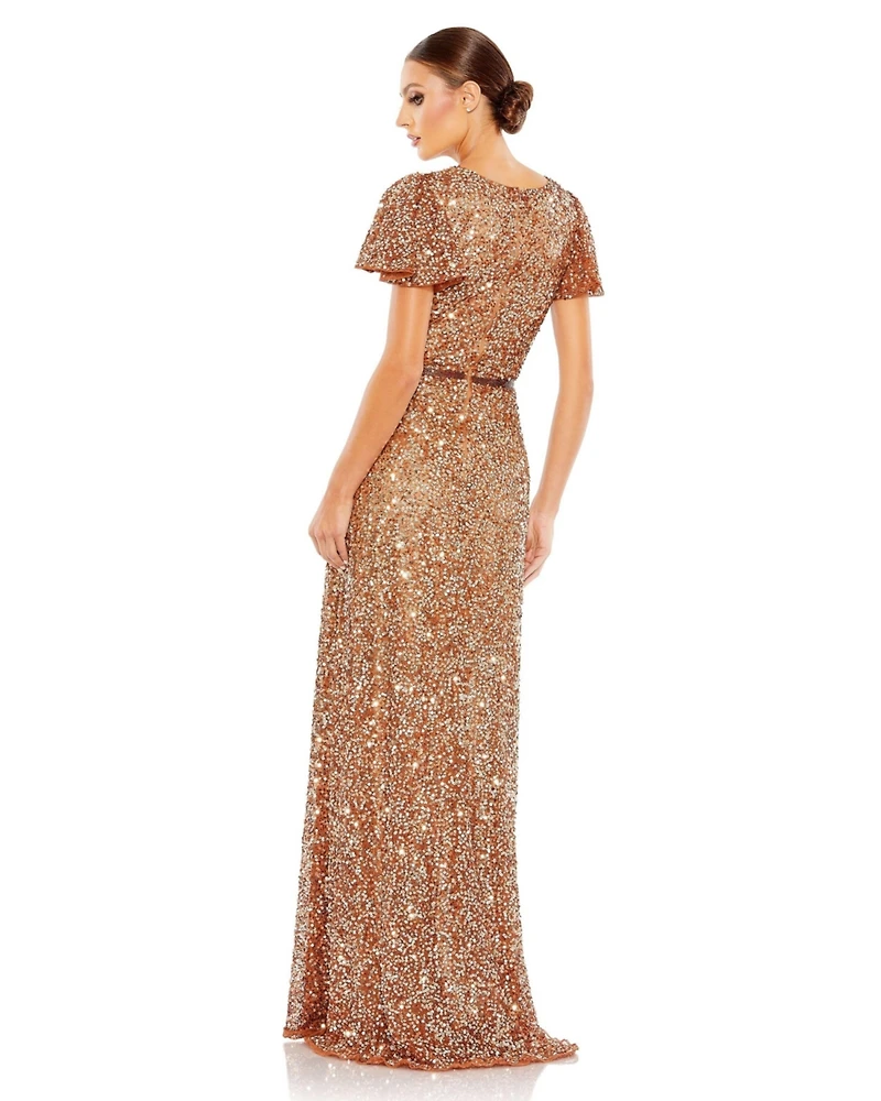 Mac Duggal Women's Sequined Wrap Over Butterfly Sleeve Draped Gown