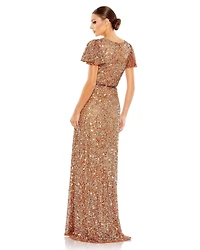 Mac Duggal Women's Sequined Wrap Over Butterfly Sleeve Draped Gown