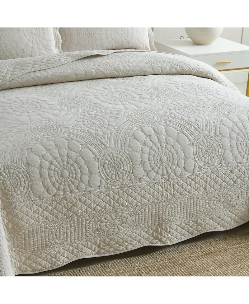 MarCielo 3 Pcs 100% Cotton Oversized Bedspread Quilt Set Embroidery Tf -King