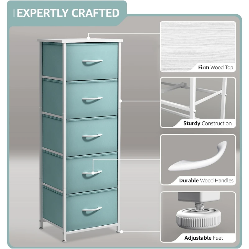 Sorbus Narrow 5 Drawers Nightstand with Steel Frame, Wood Top, Easy Pull Fabric Bins for Home, Bedroom, Office & Dorm