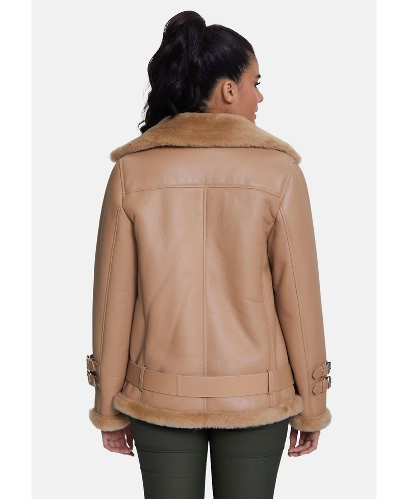Furniq Uk Women's Shearling Belted Biker Jacket, Silky Caramel with Wool