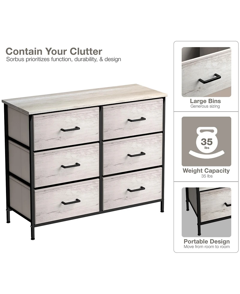 Sorbus 6 Drawers Dresser- Storage Unit with Steel Frame, Wood Top, Fabric Bins - for Bedroom, Closet, Office and more