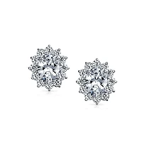 Bling Jewelry Classic Cubic Zirconia Cz Halo Crown Oval Stud Clip On Earrings Non Pierced Ears