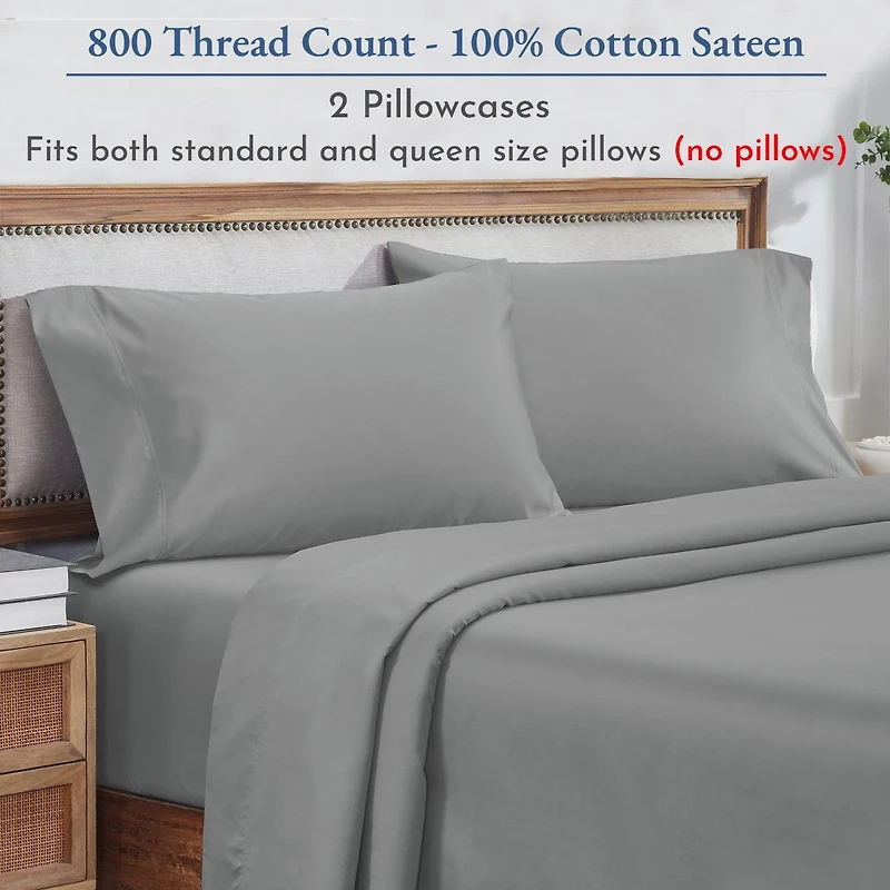 Luxury 800 Thread Count 2 Standard Pillowcases, 100% Cotton Sateen, Soft, Smooth & Thick, Fits Queen Pillows by California Design Den