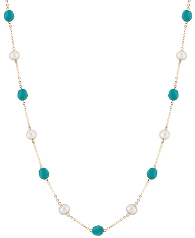 Turquoise & Freshwater Pearl (8 x 6mm) 18" Collar Necklace in 14k Gold