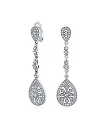 Bling Jewelry Art Deco Style Filigree Teardrop Cubic Zirconia Chandelier Clip On Earrings