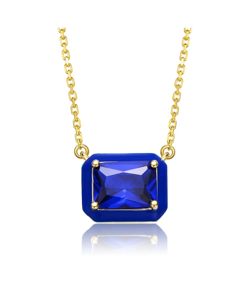 14k Gold Plated with Radiant Cut Blue Cubic Zirconia Solitaire Enamel Halo Petite Pendant Necklace