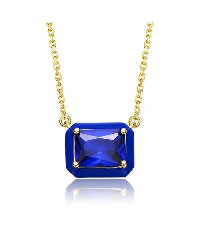 14k Gold Plated with Radiant Cut Blue Cubic Zirconia Solitaire Enamel Halo Petite Pendant Necklace