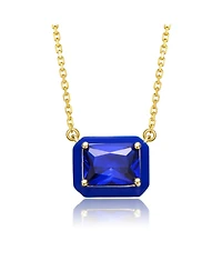 14k Gold Plated with Radiant Cut Blue Cubic Zirconia Solitaire Enamel Halo Petite Pendant Necklace