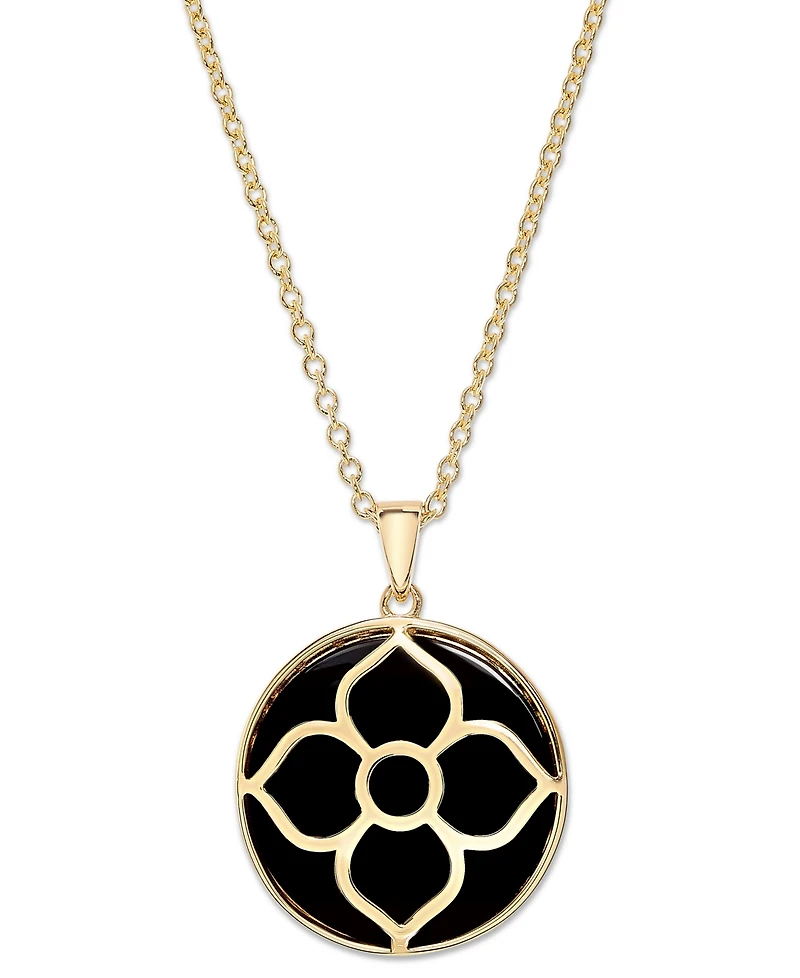 Onyx Tree & Flower Reversible 18" Pendant Necklace in 14k Gold-Plated Sterling Silver