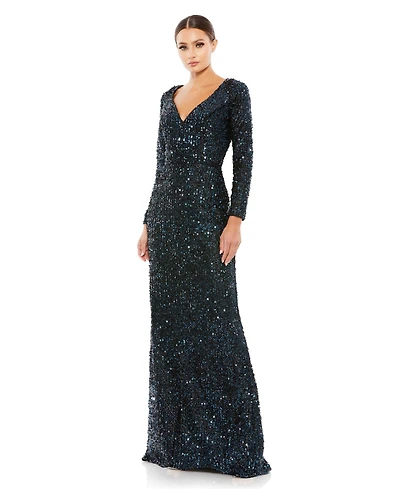 Mac Duggal Women's Ieena Sequined V-Neck Long Sleeve Gown