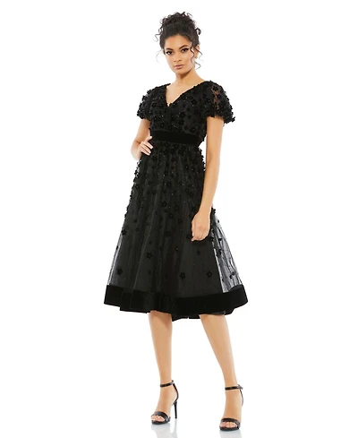 Mac Duggal Women's Embellished Butterfly Sleeve Velvet Hem Midi Dress