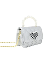 Girl's Silver Quilted Pearl Handle Heart Bag
