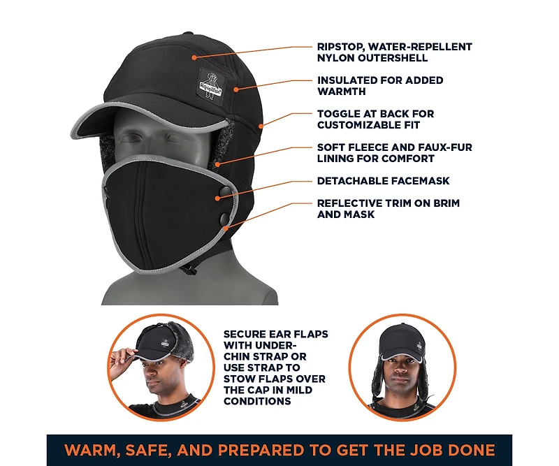 RefrigiWear Men's Trapper Hat with Detachable Mask - Water-Resistant, Insulated Winter Hat with Ear Flaps