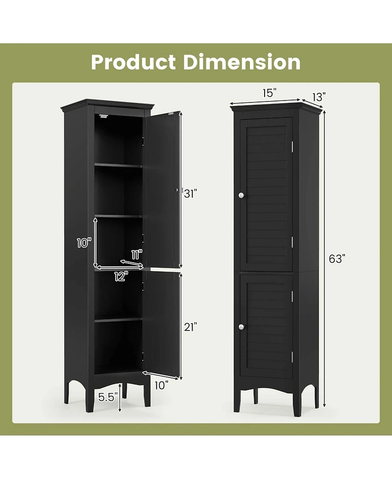 Tall Bathroom Floor Cabinet Narrow Linen Tower with 2 Doors & Adjustable Shelf