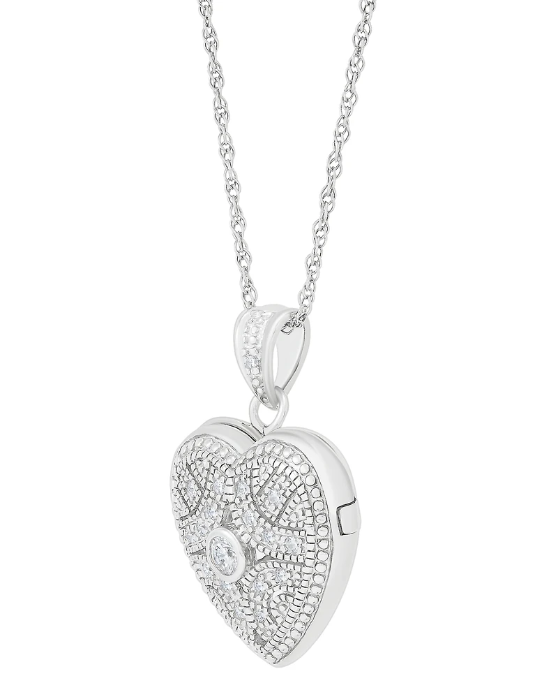 Cubic Zirconia Heart Locket Pendant Necklace in Sterling Silver