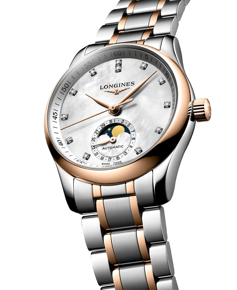 Longines Women's Swiss Automatic The Longines Master Diamond (1/20 ct. t.w.) 18k Rose Gold & Stainless Steel Bracelet Watch 34mm