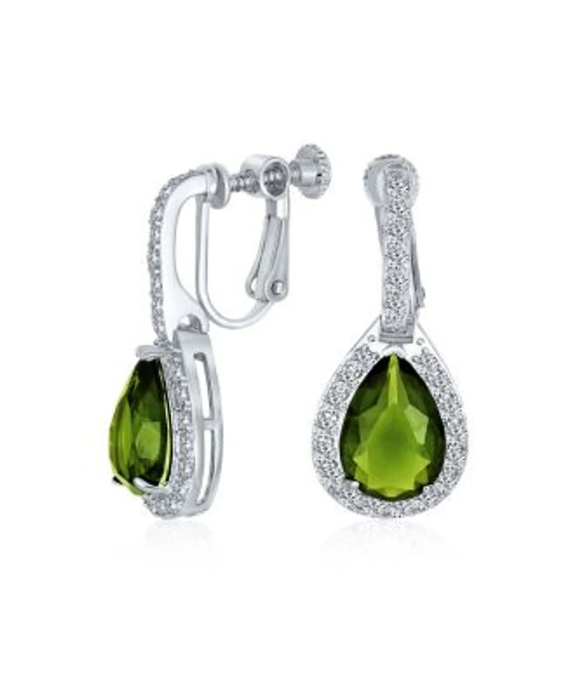 Bling Jewelry 7ct Style Halo Green Cubic Zirconia Cz Dangle Drop Teardrop Screw Back Clip On Earrings Rhodium Plated