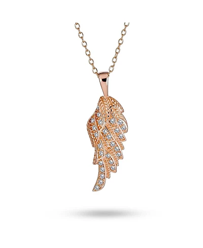 Bling Jewelry Religious Spiritual Cz Pave Accent Feather Guardian Angel Wing Pendant Necklace For Women Sterling Silver