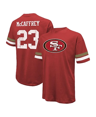 Men's Majestic Threads Christian McCaffrey Scarlet Distressed San Francisco 49ers Name and Number Oversize Fit T-shirt