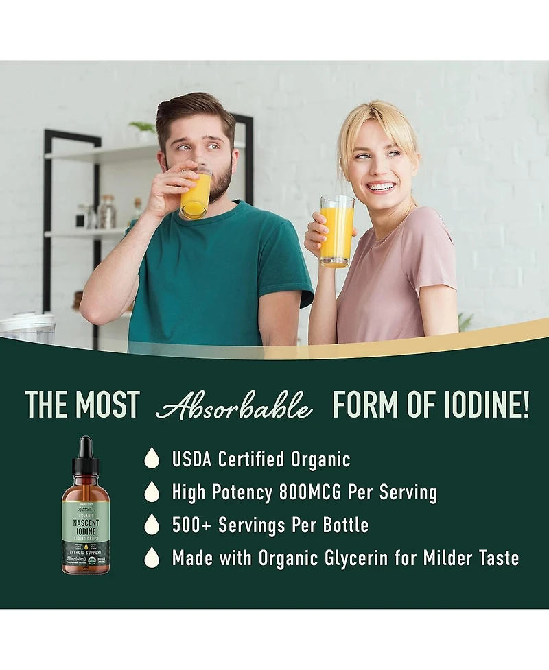 Organic Liquid Nascent Iodine Drops | Iodine Supplement for Thyroid, Energy & Metabolism Support | 2 Fl Oz | 500 Servings | Usda Certified Organic, Hi