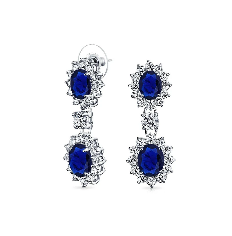Bling Jewelry Art Deco Style Crown Halo Oval Cubic Zirconia Royal Blue Cz Fashion Dangle Drop Earrings Prom Rhodium Plated