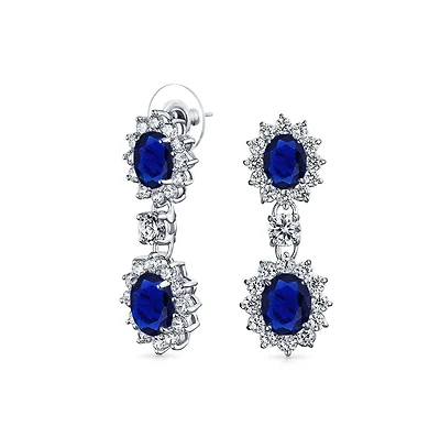 Bling Jewelry Art Deco Style Crown Halo Oval Cubic Zirconia Royal Blue Cz Fashion Dangle Drop Earrings Prom Rhodium Plated