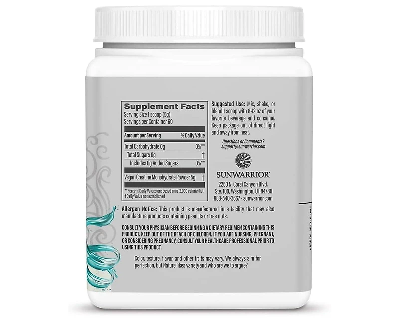 Sunwarrior Active Creatine Monohydrate Powder, Organic Creatine & Keto Friendly, Unflavored, 300gm (60 Servings)