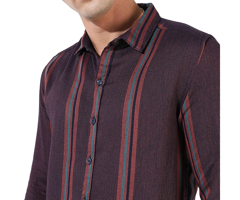 Campus Sutra Men's Maroon Striped Regular Fit Casual Shirt
