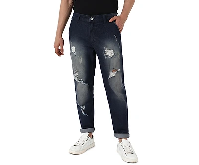 Campus Sutra Men's Ripped Dark-Wash Denim Jeans