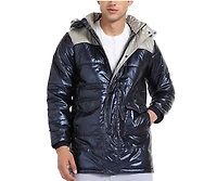 Campus Sutra Men's Blue & Beige Zip-Front Puffer Jacket With Fur Detail