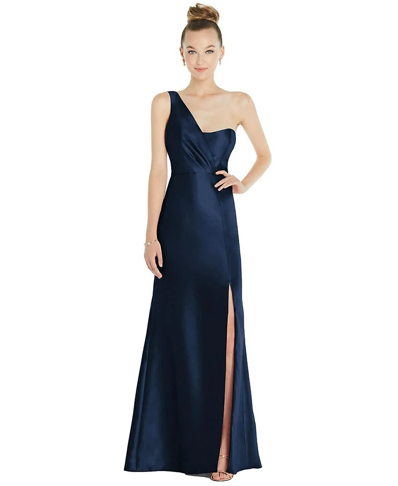 Draped One-Shoulder Satin Trumpet Gown with Front Slit