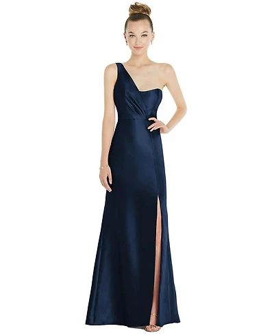 Draped One-Shoulder Satin Trumpet Gown with Front Slit