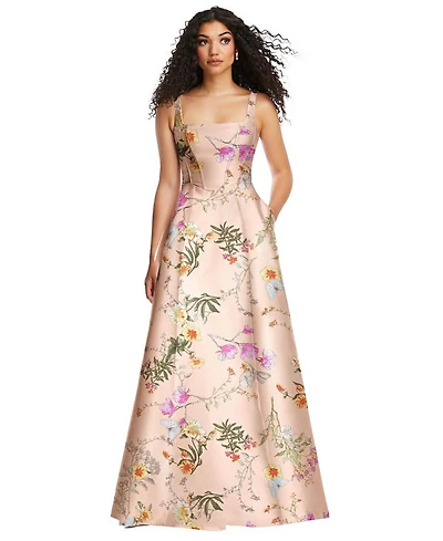 Alfred Sung Women's Boned Corset Closed-Back Floral Satin Gown with Full Skirt