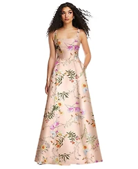 Alfred Sung Women's Boned Corset Closed-Back Floral Satin Gown with Full Skirt