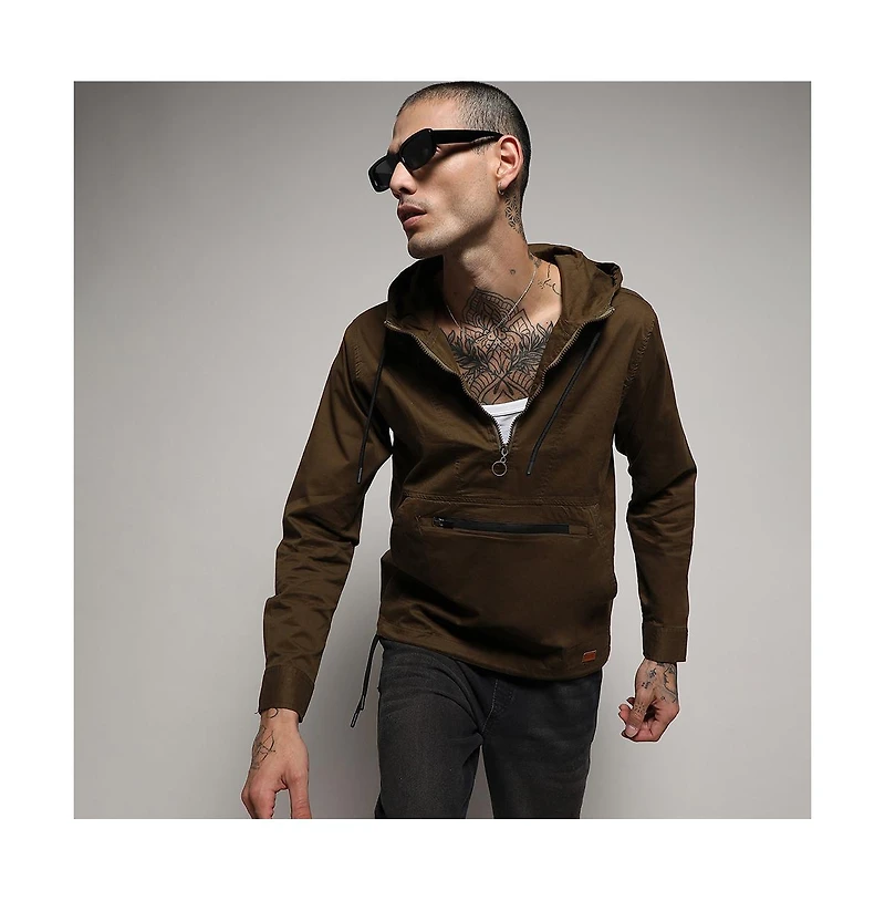 Campus Sutra Men's Brown Half-Zip Utility Jacket With Contrast Drawstring