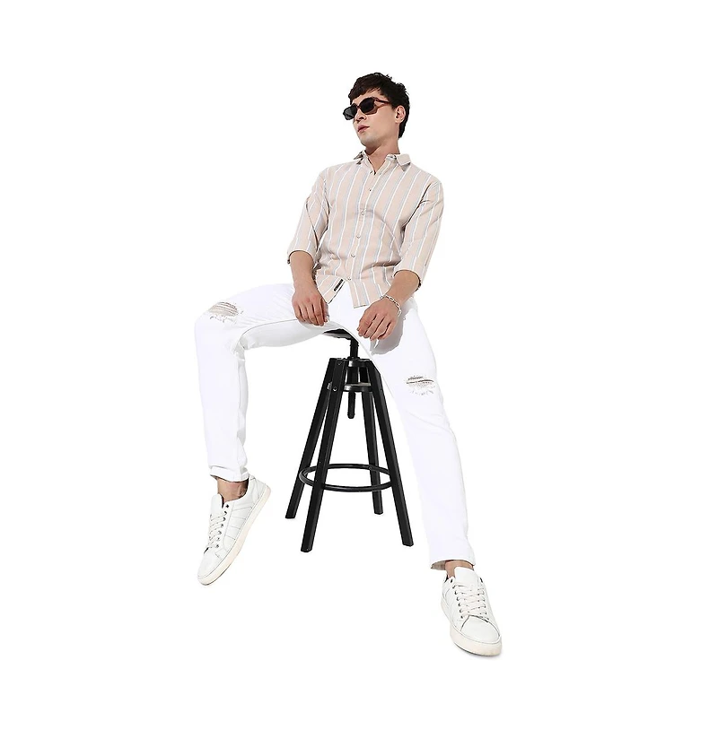 Campus Sutra Men's Beige Striped Cotton Shirt