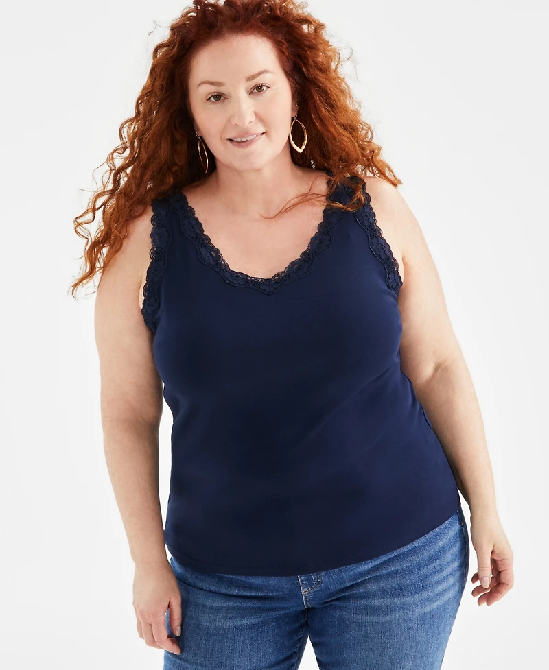 Style & Co Plus Size Lace-Trimmed Tank Top, Exclusively at Macy's