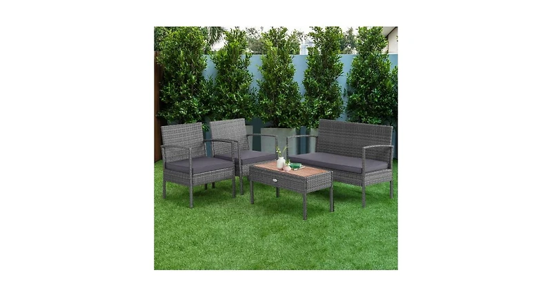 4 Pieces Rattan Patio Conversation Furniture Set with Acacia Wood Tabletop